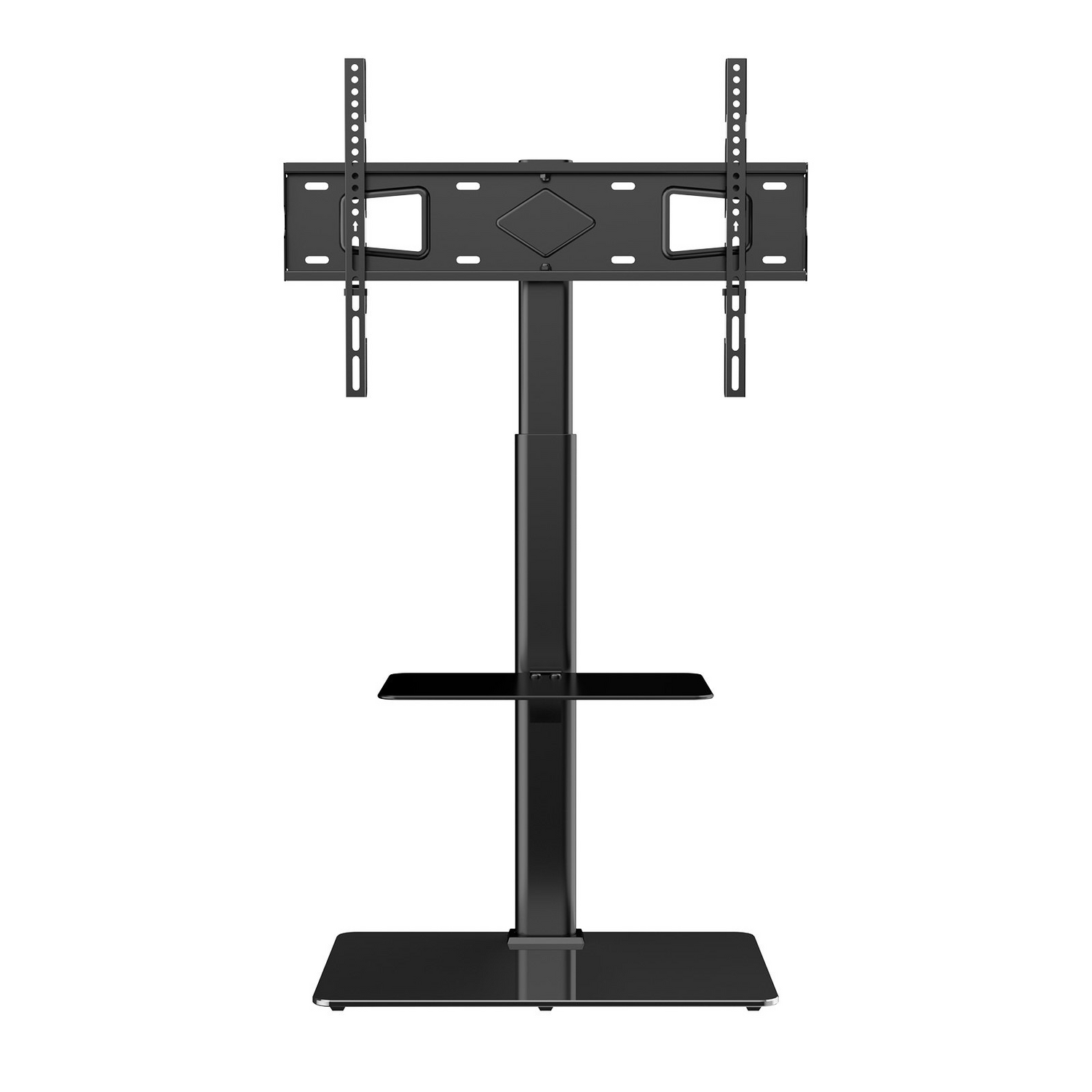 Start2Finish VEVOR TV stand mount for 32-65 inch TVs, adjustable height with tempered glass base, suitable for living room or bedroom.
