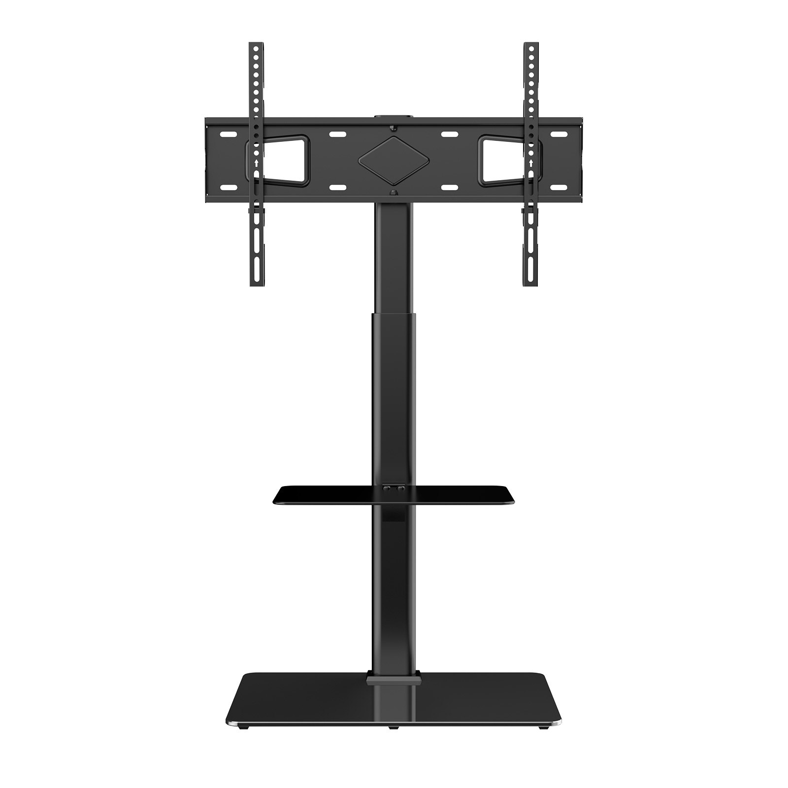 Start2Finish VEVOR TV stand mount for 32-65 inch TVs, adjustable height with tempered glass base, suitable for living room or bedroom.