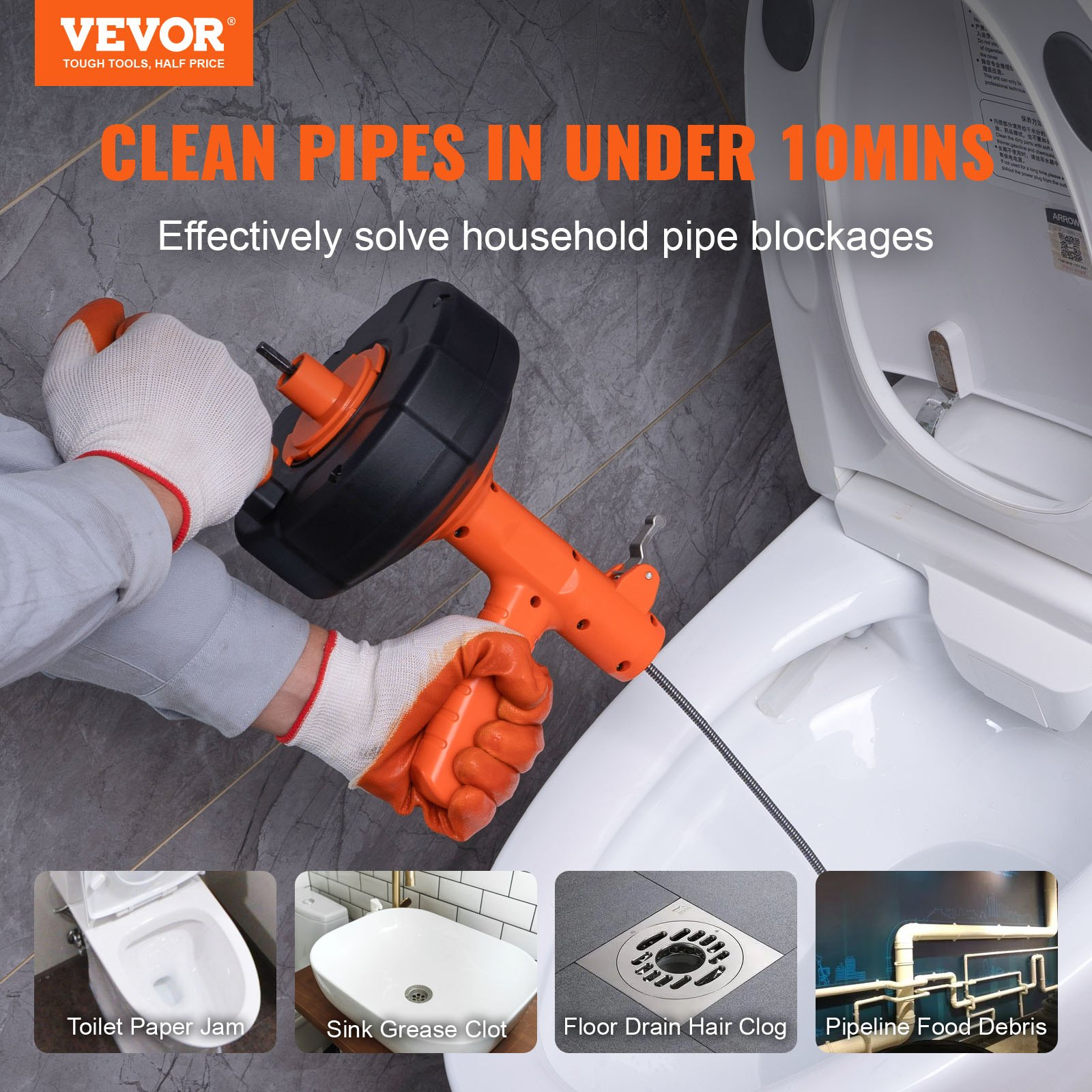 Start2Finish VEVOR 25Ft drain auger with drill attachment, plumbing snake, protective hose, gloves for clearing kitchen and bathroom clogs