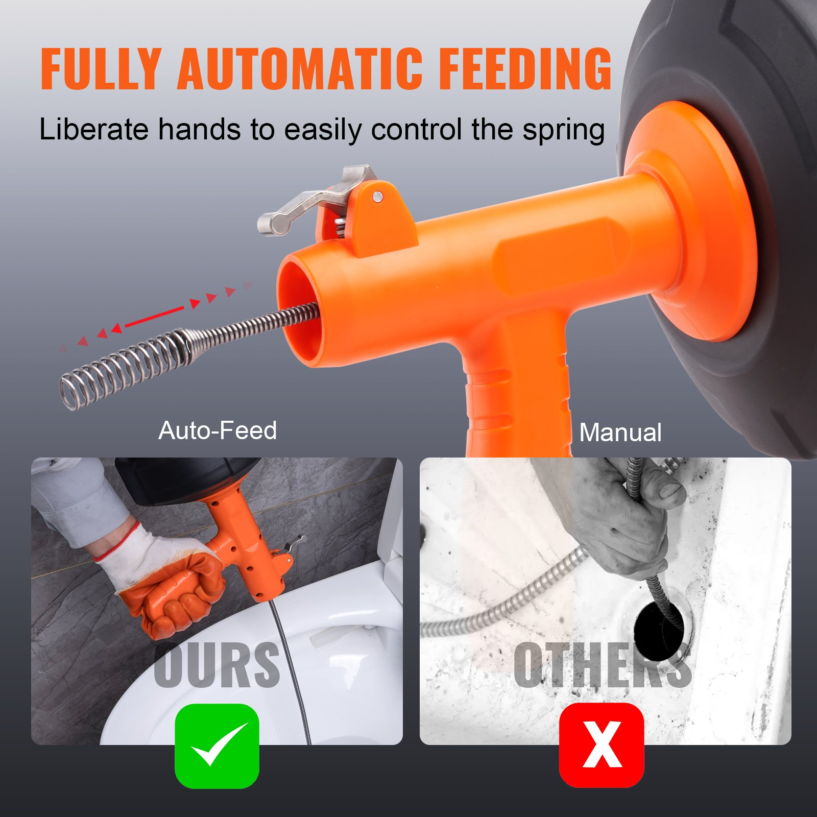 Start2Finish VEVOR 25Ft drain auger with drill attachment, plumbing snake for clearing kitchen, bathroom, and shower drain clogs.