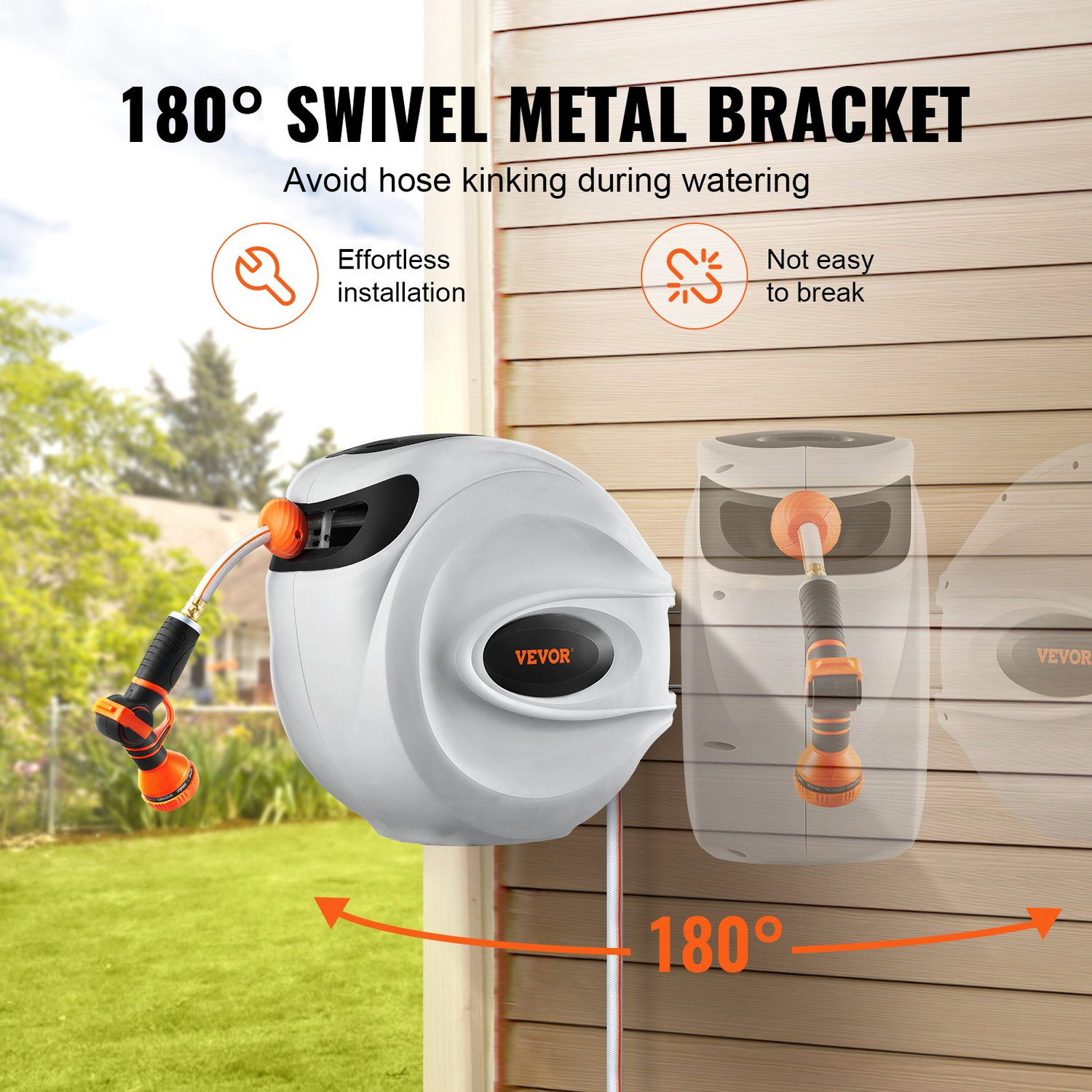 Start2Finish VEVOR 130 ft garden hose reel with 180° swivel, automatic rewind, 9-pattern nozzle, wall-mounted, slow return system.