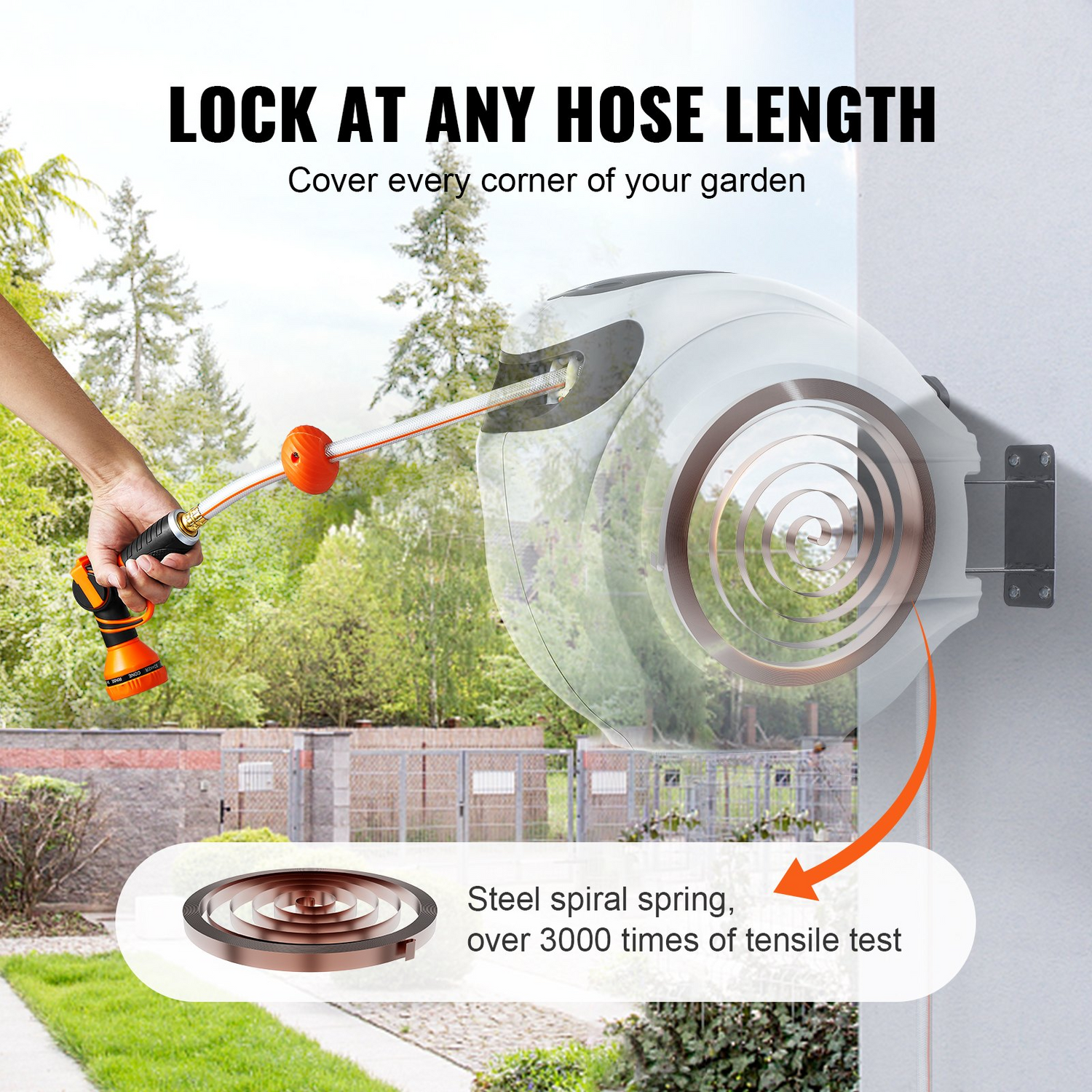 Start2Finish VEVOR retractable garden hose reel with 130 ft hose, 180° swivel, automatic rewind, and 9-pattern nozzle.
