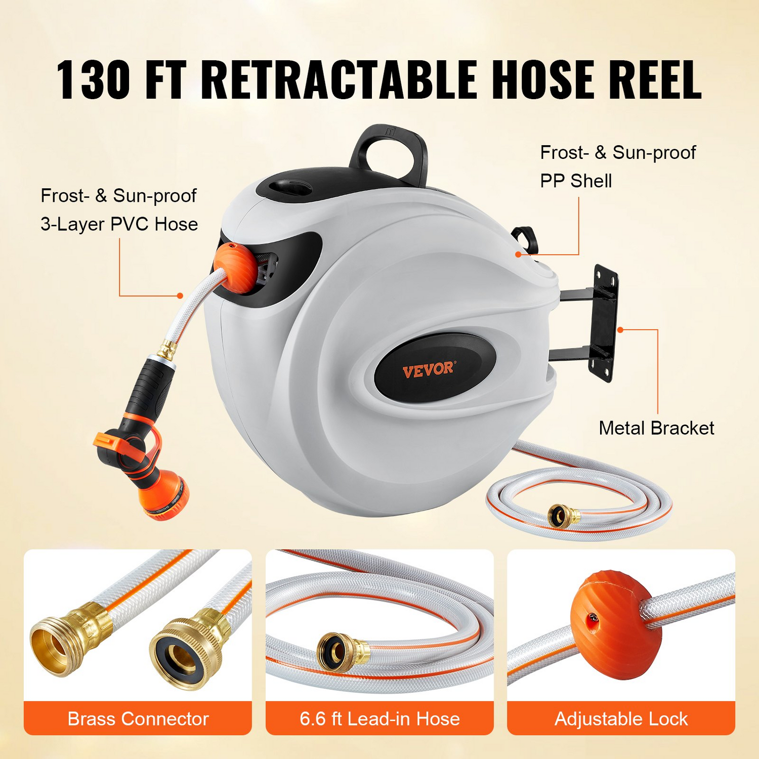 Start2Finish VEVOR retractable garden hose reel with 130 ft hose, 180° swivel, automatic rewind, and 9-pattern nozzle.