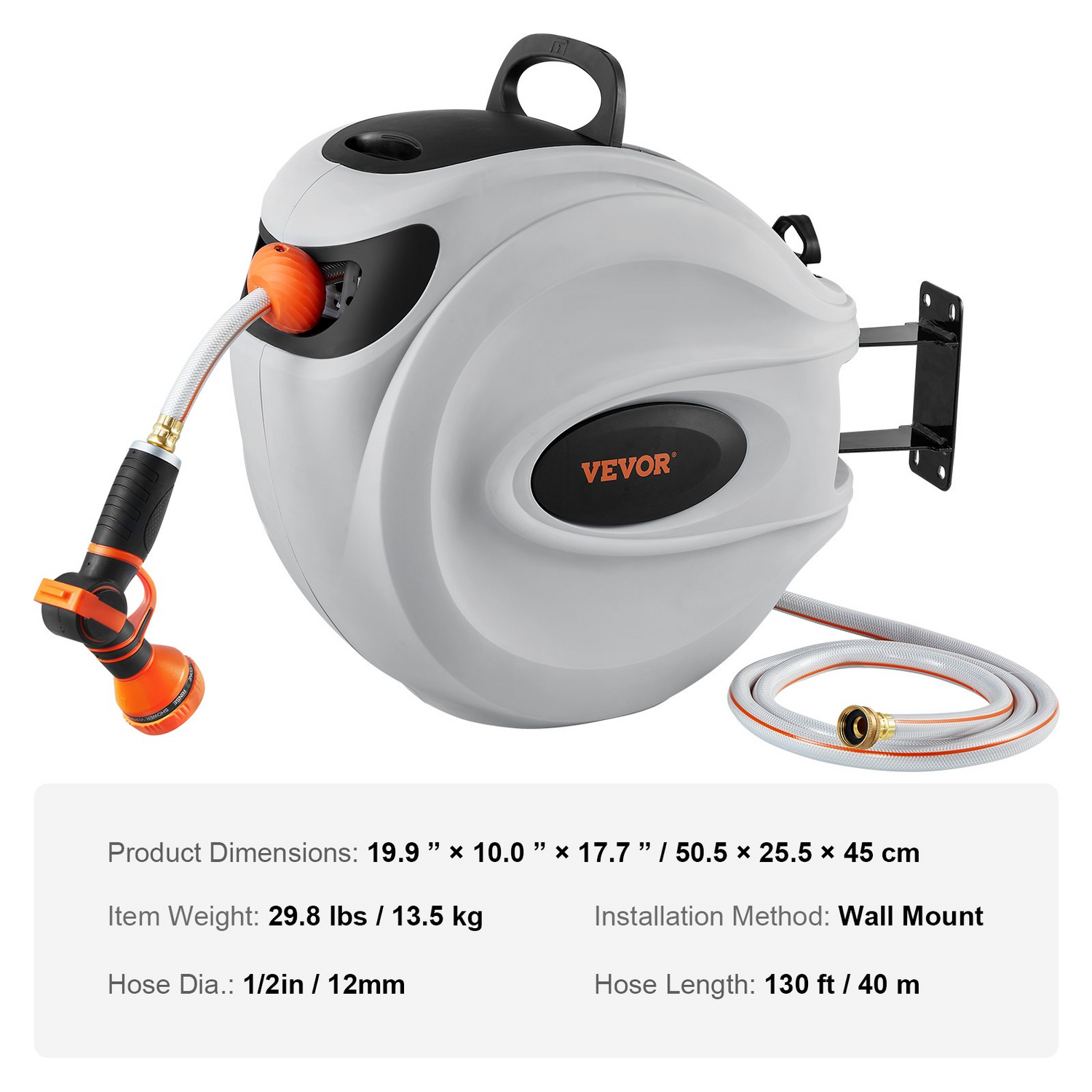 Start2Finish VEVOR retractable garden hose reel with 130 ft hose, 180° swivel, and adjustable nozzle for outdoor watering.