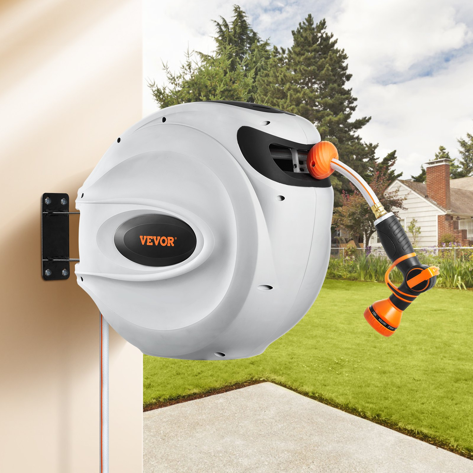 Start2Finish VEVOR retractable garden hose reel with 130 ft hose, 180° swivel, 9-pattern nozzle, and automatic rewind.