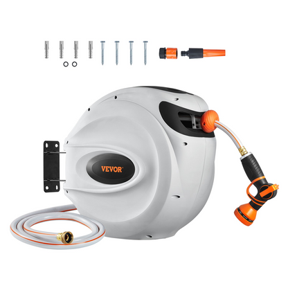 Start2Finish VEVOR retractable garden hose reel with 130 ft, 1/2 inch hose, swivel bracket, and 9-pattern nozzle.