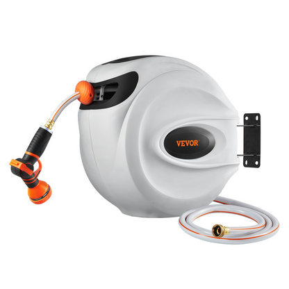 Start2Finish VEVOR 130 ft retractable garden hose reel with 9-pattern nozzle, wall-mount, swivel bracket, auto rewind, and lock feature.