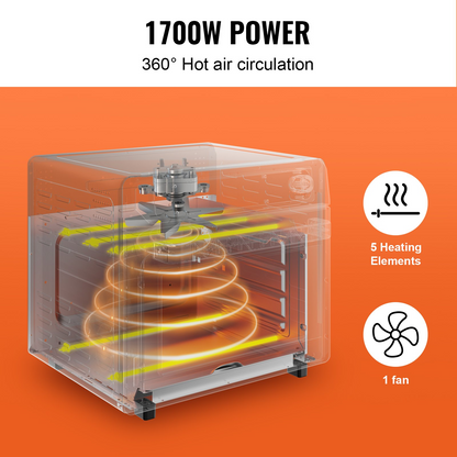 Start2Finish VEVOR 12-in-1 air fryer toaster oven with stainless steel finish, 25L capacity, convection cooking, and included accessories.