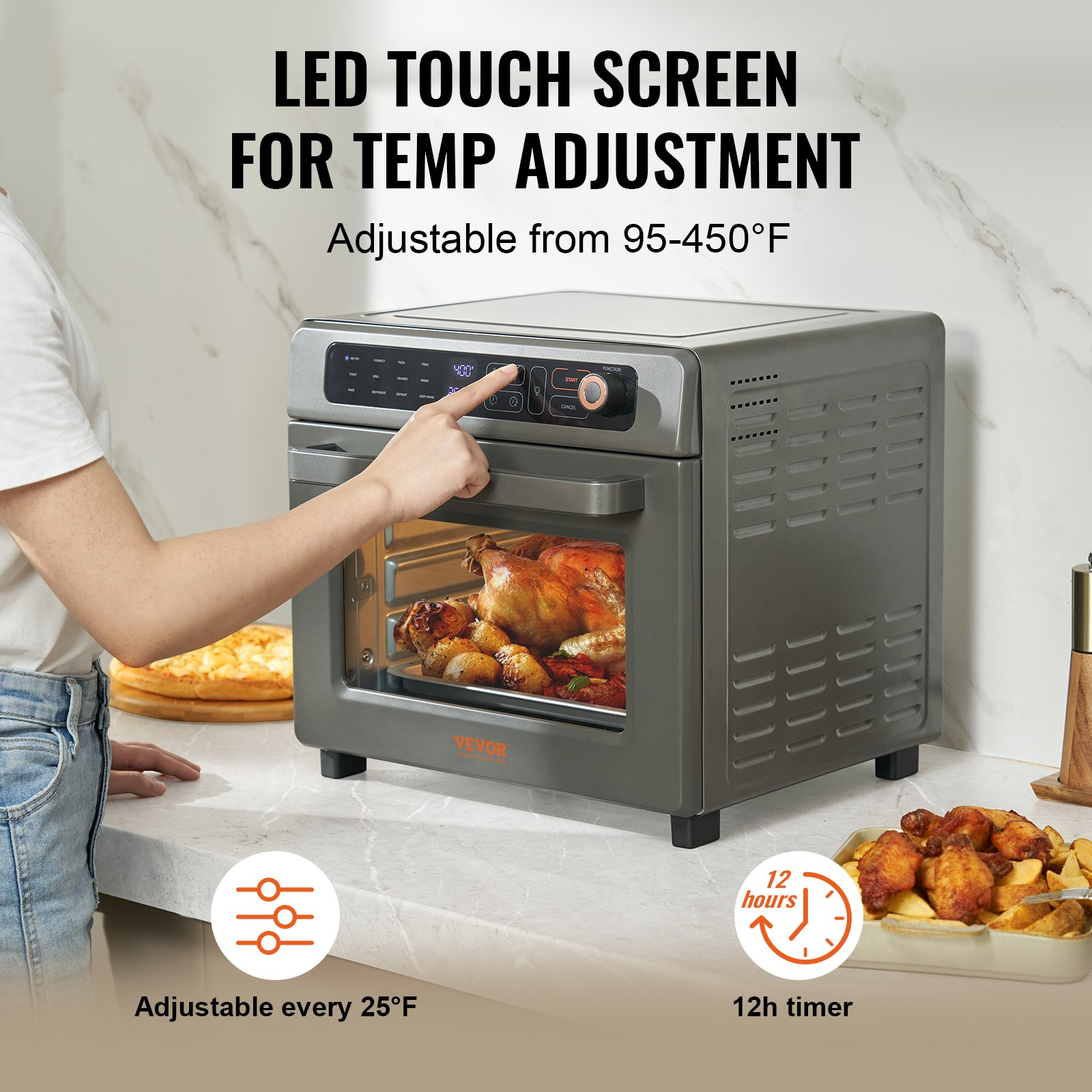 Start2Finish VEVOR 12-in-1 air fryer toaster oven with stainless steel finish, showing digital display, cooking racks, and accessories.