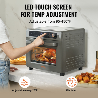 Start2Finish VEVOR 12-in-1 air fryer toaster oven with stainless steel finish, showing digital display, cooking racks, and accessories.