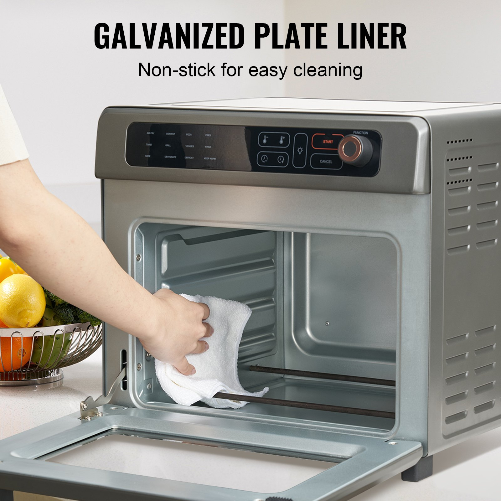 Start2Finish VEVOR 12-in-1 air fryer toaster oven with stainless steel finish, showing digital display, grill, pizza pan, and toast slices.