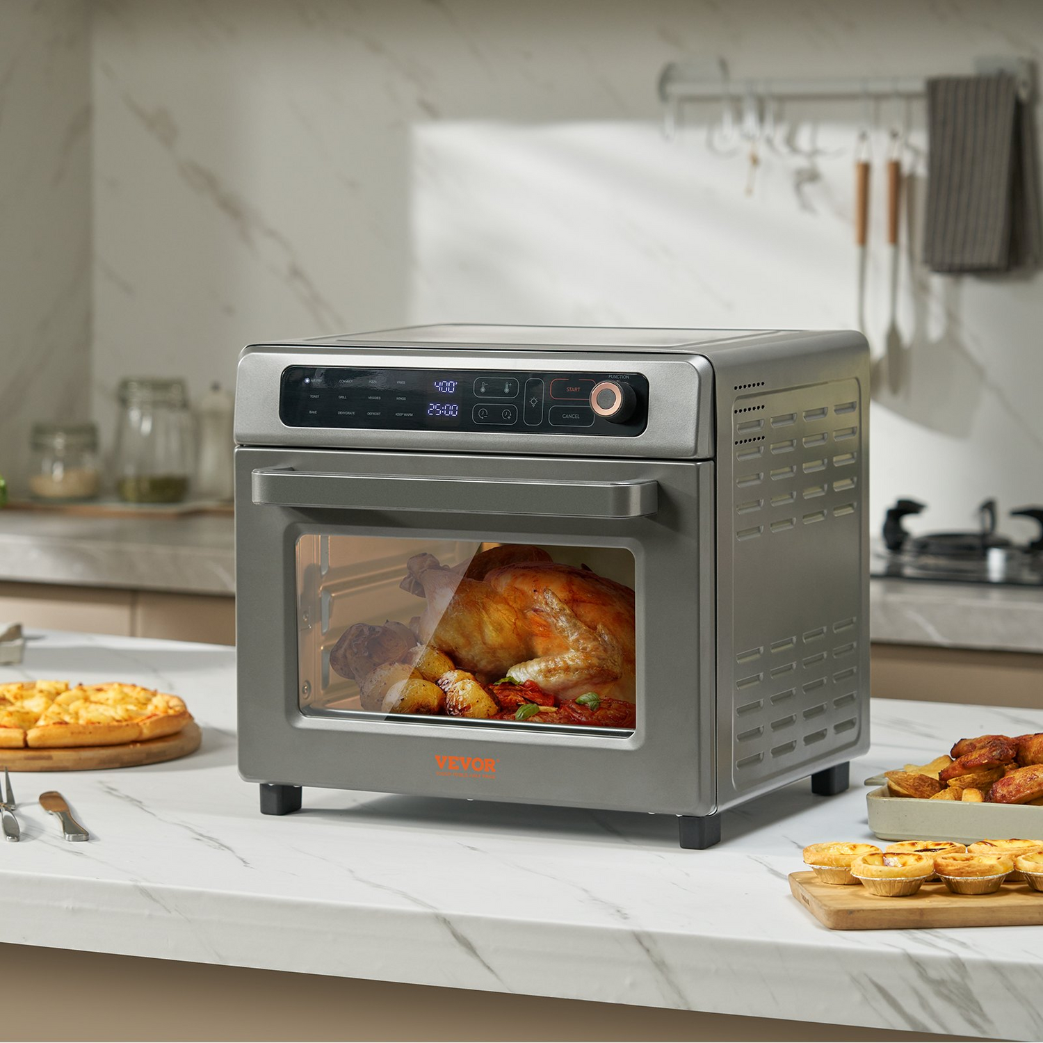 Start2Finish VEVOR 12-in-1 Air Fryer Toaster Oven with stainless steel finish, 25L capacity, grilling, toasting, and pizza baking features.