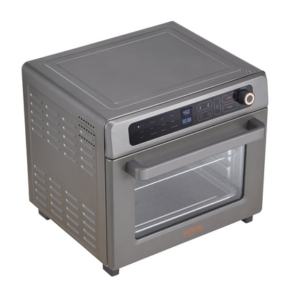 Start2Finish VEVOR 12-in-1 air fryer toaster oven with stainless steel finish, featuring convection cooking, grill, pizza pan, and multiple functions.