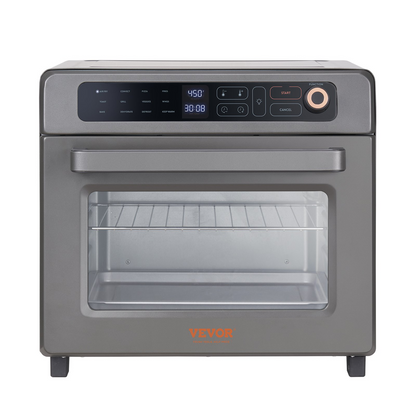 Start2Finish VEVOR 12-in-1 air fryer toaster oven with stainless steel exterior, 25L capacity, and included accessories.