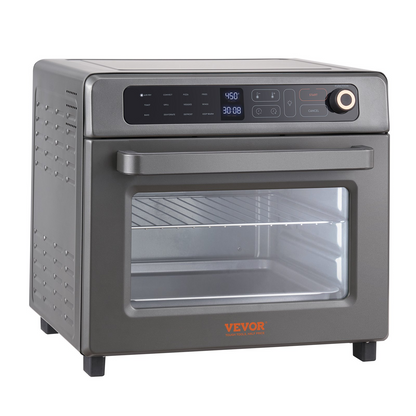 Start2Finish VEVOR 12-in-1 air fryer toaster oven with stainless steel finish, showing digital controls, interior racks, and included accessories.