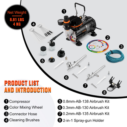 Start2Finish VEVOR airbrush ensemble with compressor and dual-action gravity feed system for art, nails, cookies, and tattoos.
