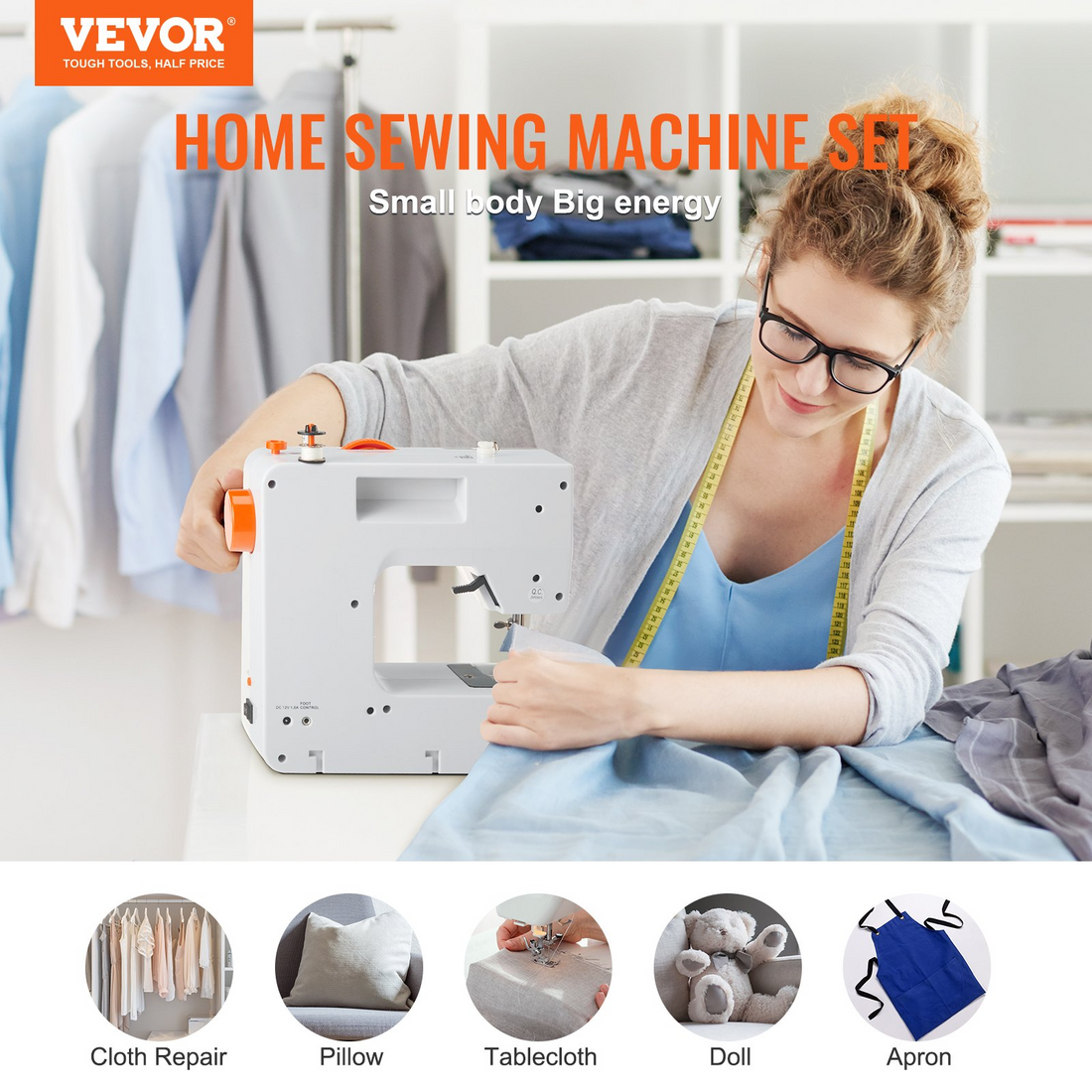Start2Finish VEVOR portable sewing machine with 38 stitches, reverse sewing, extension table, foot pedal, and accessories for home use