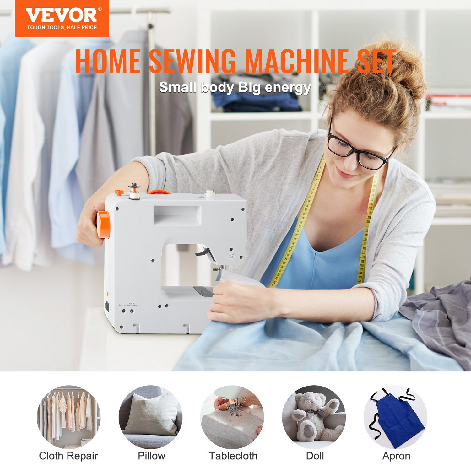 Start2Finish VEVOR portable sewing machine with 38 stitches, reverse sewing, extension table, foot pedal, and accessories for home use