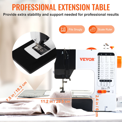Start2Finish VEVOR portable sewing machine with 38 stitches, reverse sewing, extension table, foot pedal, and accessory kit.