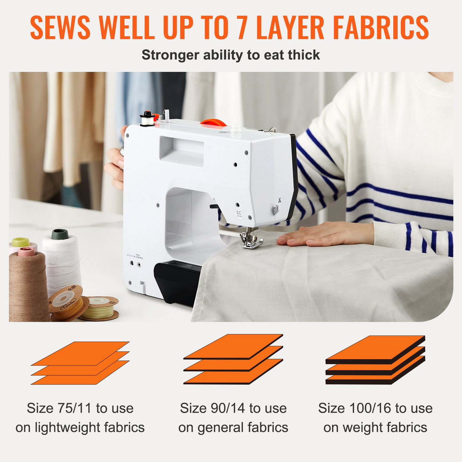 Start2Finish VEVOR portable sewing machine with 38 built-in stitches, reverse sewing, extension table, foot pedal, and accessories for home use.