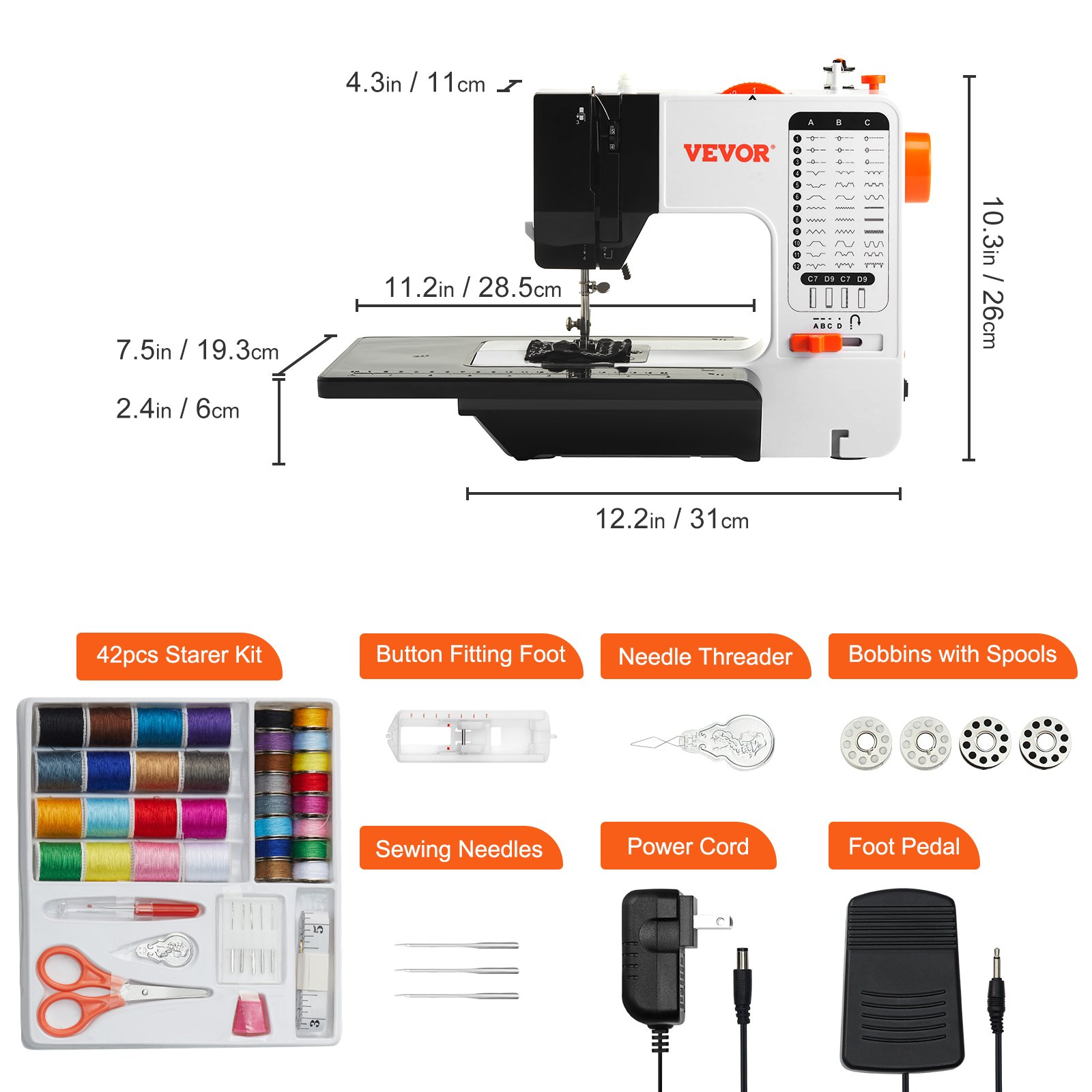 Start2Finish VEVOR portable sewing machine with 38 stitches, extension table, foot pedal, and accessory kit for home and travel use.