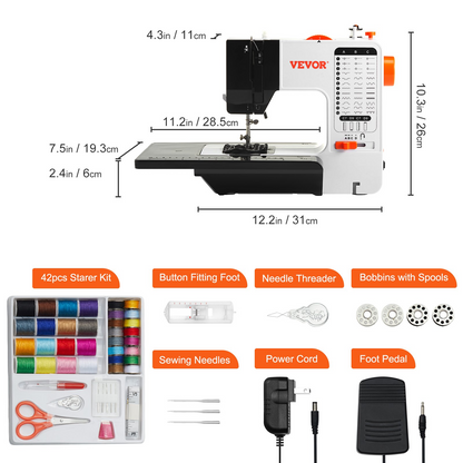 Start2Finish VEVOR portable sewing machine with 38 stitches, extension table, foot pedal, and accessory kit for home and travel use.