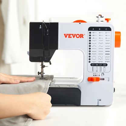 Start2Finish VEVOR portable sewing machine with 38 stitches, reverse sewing, extension table, foot pedal, and accessories for home use.