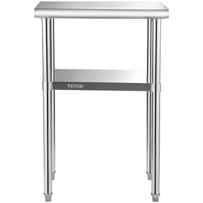 Start2Finish stainless steel prep table with adjustable undershelf, heavy-duty work surface, and sturdy feet for kitchen or workshop use.