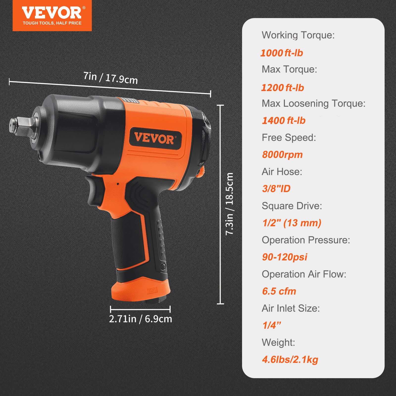 Start2Finish VEVOR 1/2-inch air impact wrench with high torque, lightweight design, and 11-piece impact socket set with case.