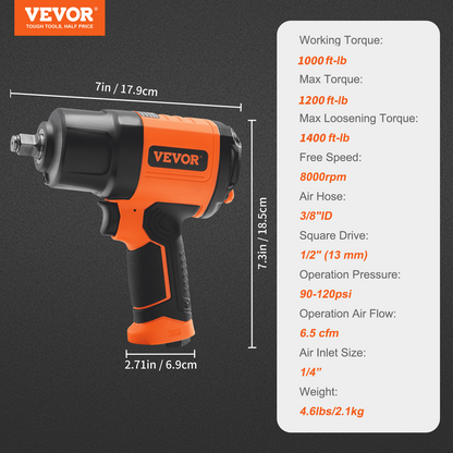 Start2Finish VEVOR 1/2-inch air impact wrench with high torque, lightweight design, and 11-piece impact socket set with case.