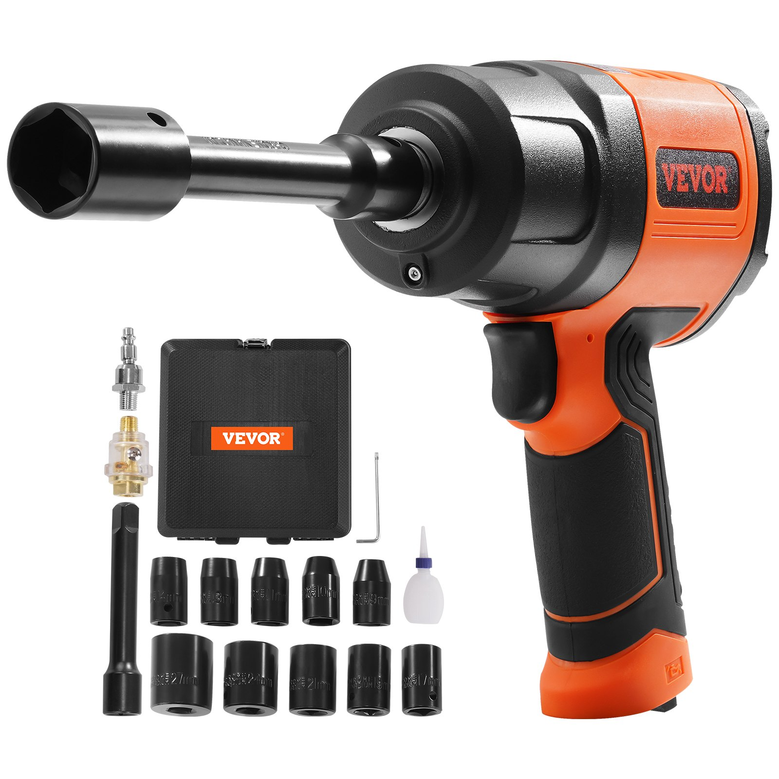 Start2Finish VEVOR 1/2-inch air impact wrench with high torque, lightweight design, and 11-piece impact socket set in carrying case