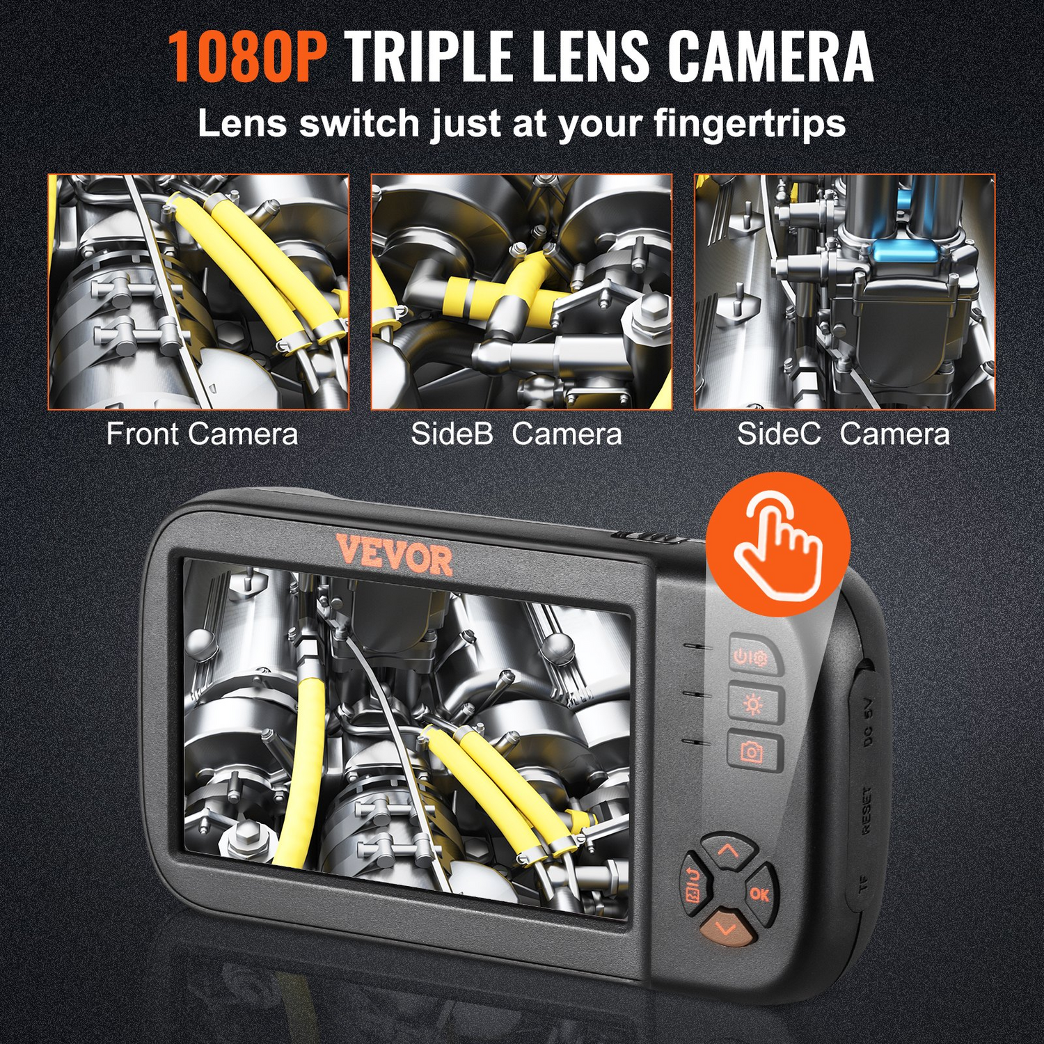Start2Finish VEVOR borescope camera with triple lenses, 4.5-inch screen, 1080P, LED lights, waterproof, 16.5ft cable for inspections.
