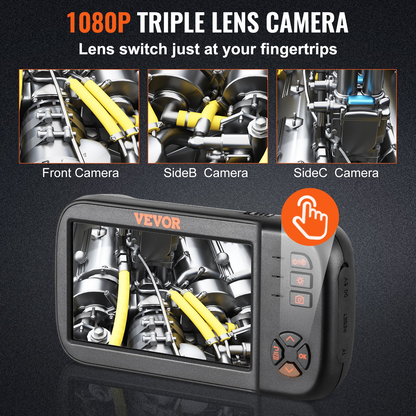 Start2Finish VEVOR borescope camera with triple lenses, 4.5-inch screen, 1080P, LED lights, waterproof, 16.5ft cable for inspections.