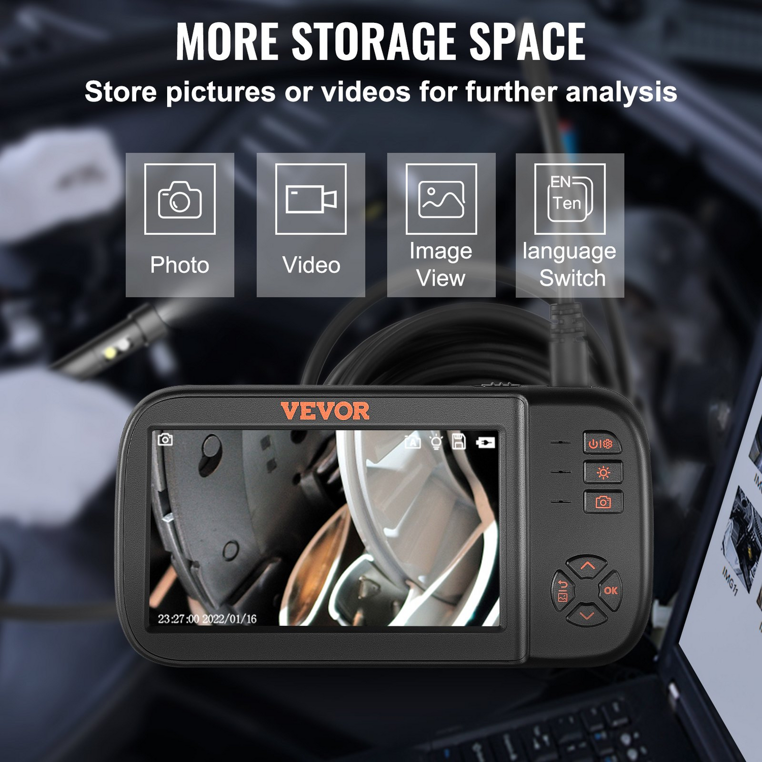 Start2Finish VEVOR Borescope Camera with triple lenses, 4.5" screen, 1080P video, 10 LEDs, waterproof, 16.5ft cable, storage.