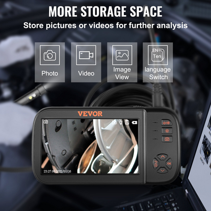 Start2Finish VEVOR Borescope Camera with triple lenses, 4.5" screen, 1080P video, 10 LEDs, waterproof, 16.5ft cable, storage.