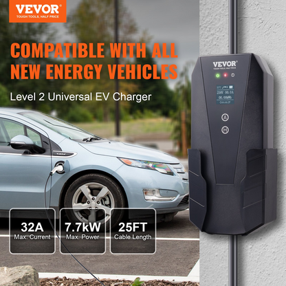 Start2Finish VEVOR Level 2 portable EV charger with 32 Amp 240V, 28 ft cable, NEMA 14-50P plug, for SAE J1772 electric vehicles.