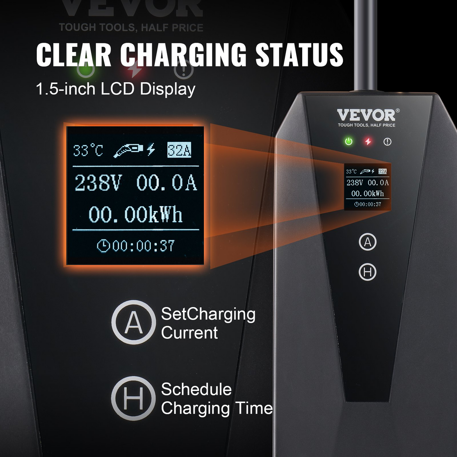 Start2Finish VEVOR Level 2 portable EV charger with 28 ft cable, 32 Amp, 240V, NEMA 14-50P plug, adjustable current for SAE J1772 EVs.
