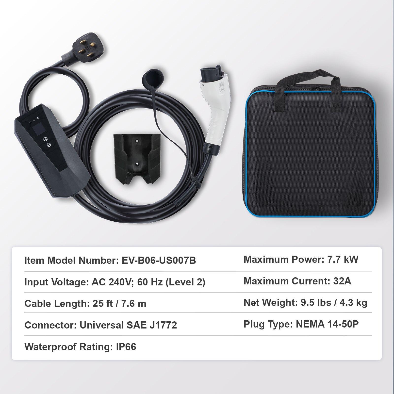 Start2Finish VEVOR Level 2 portable EV charger with 28 ft cable, 240V, 32A, NEMA 14-50P plug for SAE J1772 electric vehicles.