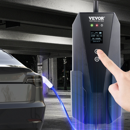 Start2Finish VEVOR Level 2 portable EV charger with 28 ft cable, NEMA 14-50P plug, adjustable current for SAE J1772 electric vehicles.