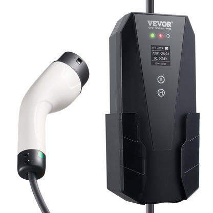 Start2Finish VEVOR Level 2 portable EV charger with 28 ft cable, 32A, 240V, NEMA 14-50P plug, for SAE J1772 electric vehicles.