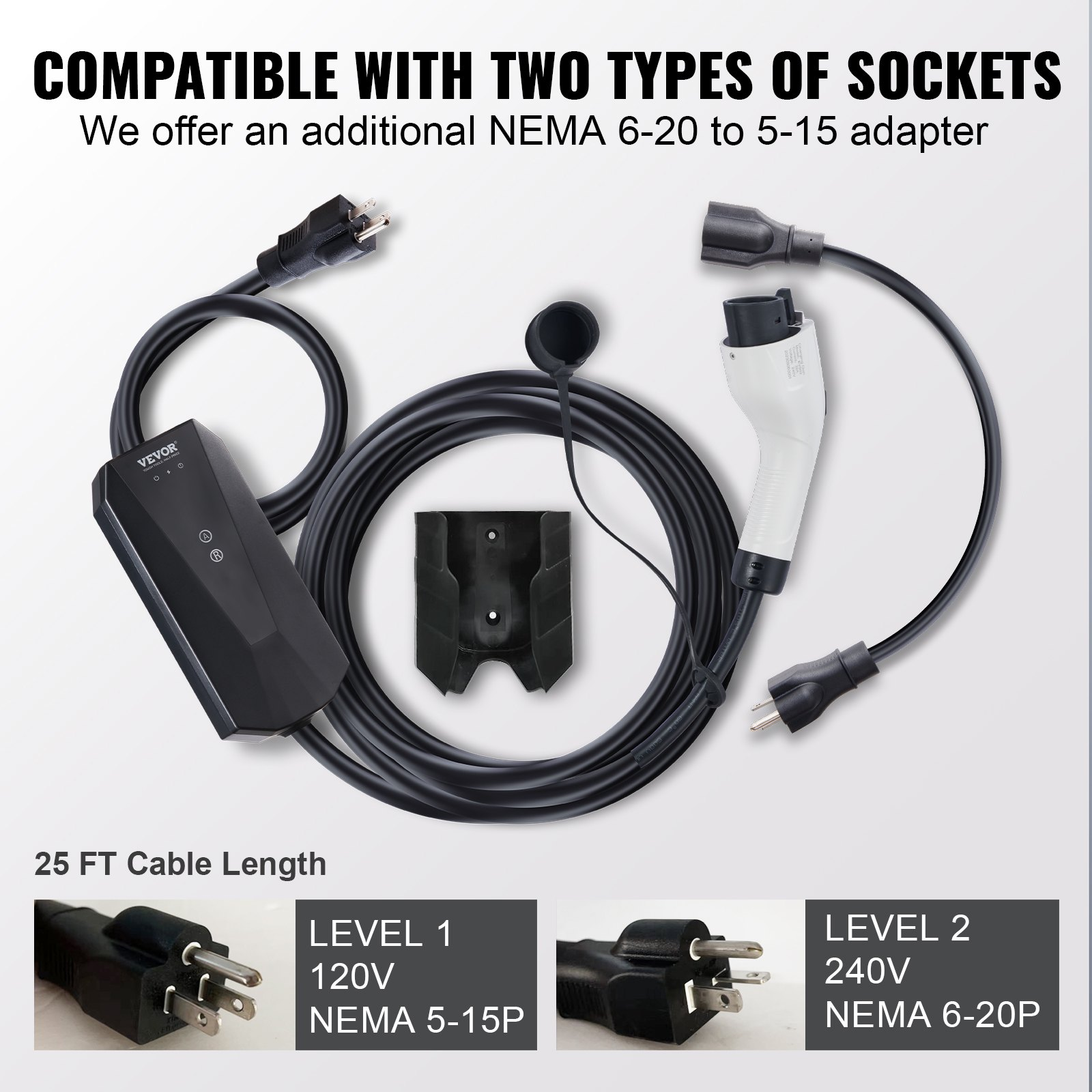 Start2Finish VEVOR Level 1+2 portable EV charger with 28-foot cable, NEMA plugs, for SAE J1772 electric vehicle charging.