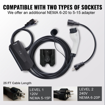 Start2Finish VEVOR Level 1+2 portable EV charger with 28-foot cable, NEMA plugs, for SAE J1772 electric vehicle charging.