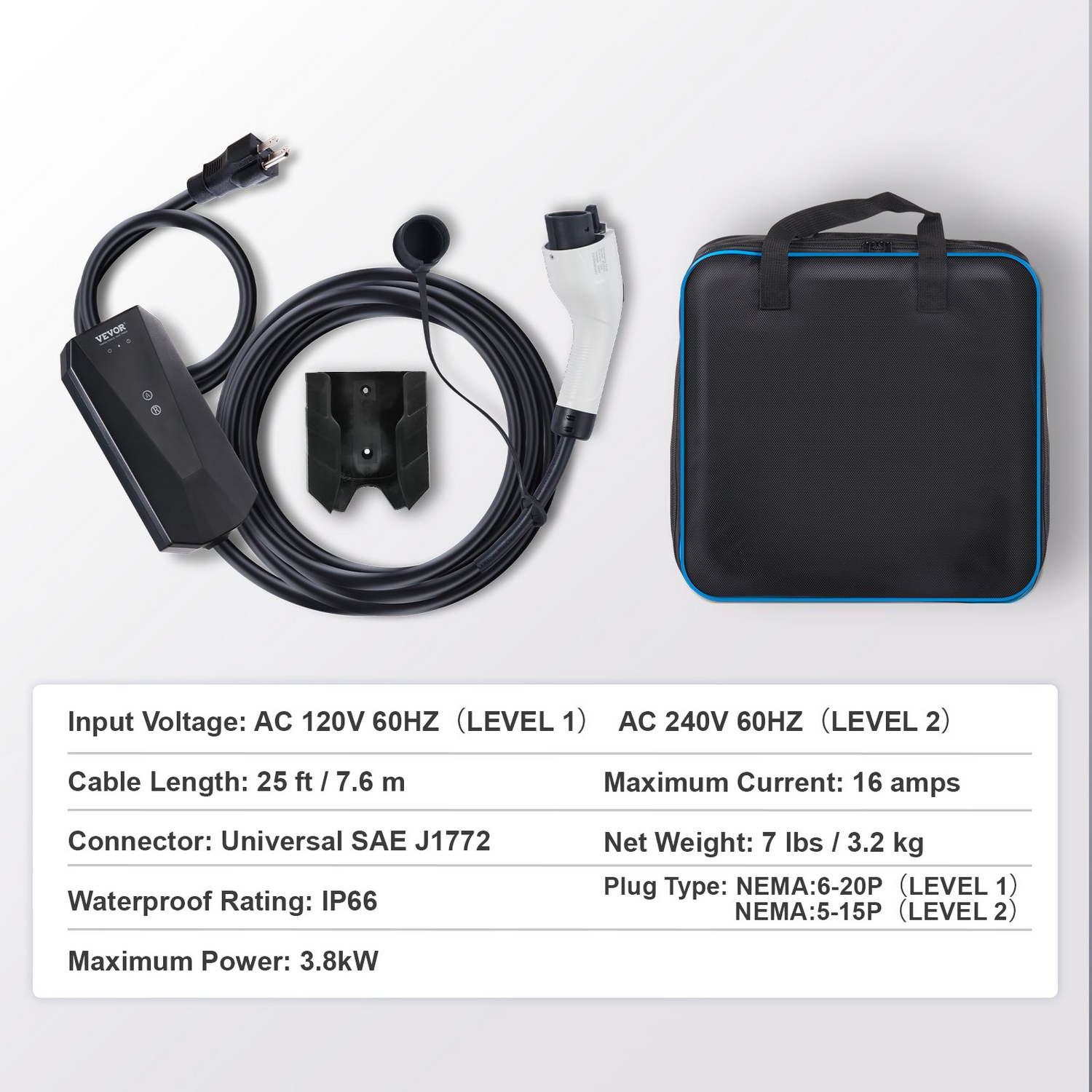 Start2Finish VEVOR Level 1+2 portable EV charger with 28-foot cable, NEMA plugs, for SAE J1772 electric vehicles.