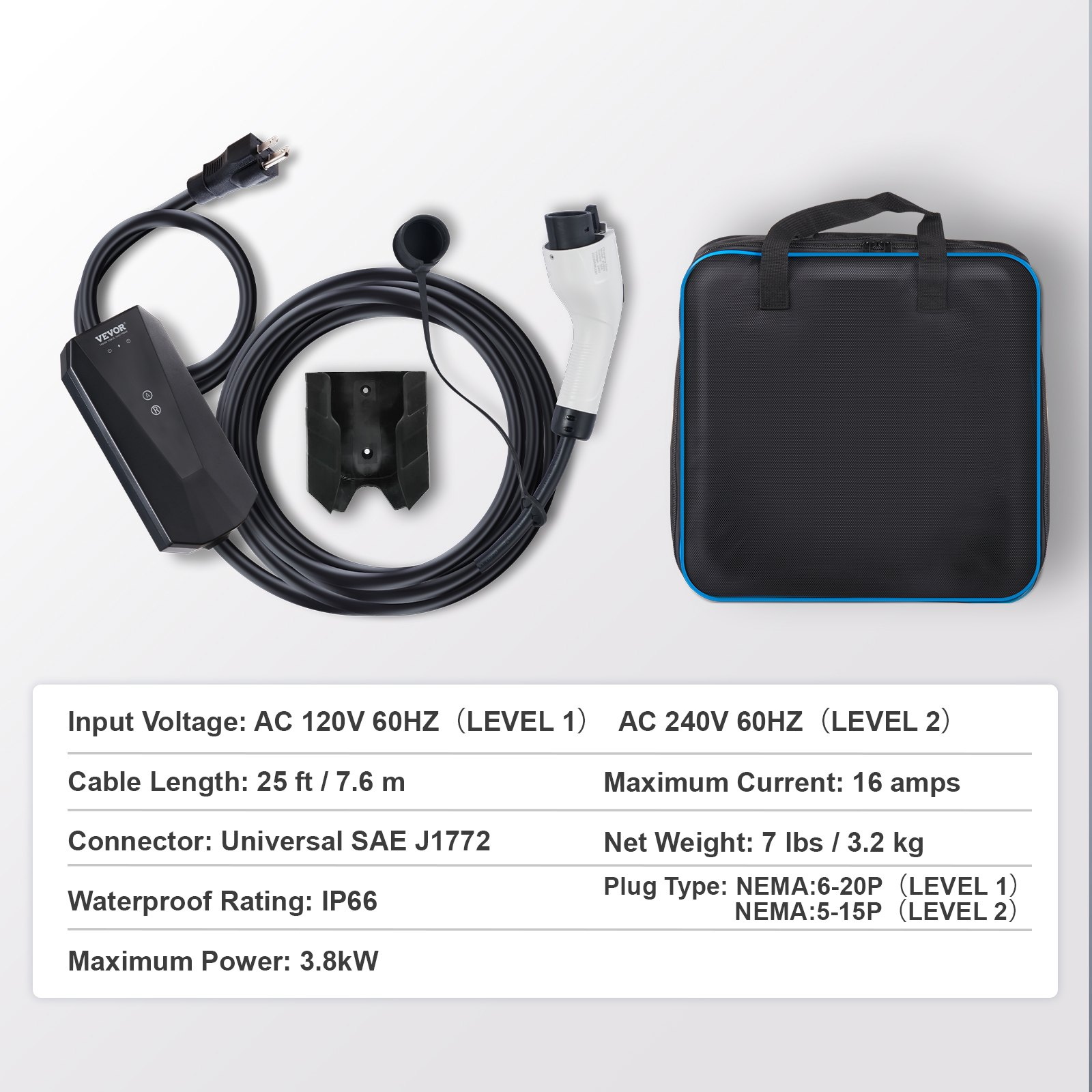 Start2Finish VEVOR Level 1+2 portable EV charger with 28-foot cable, NEMA plugs, for SAE J1772 electric vehicles.