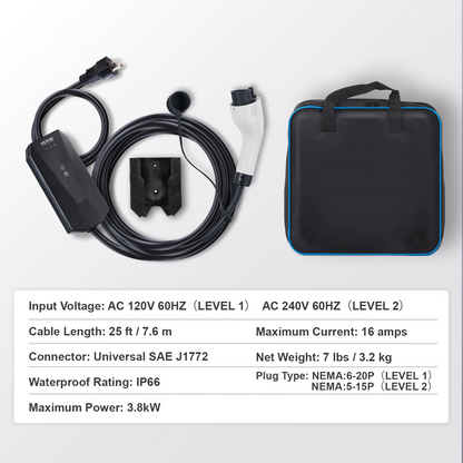 Start2Finish VEVOR Level 1+2 portable EV charger with 28-foot cable, NEMA plugs, for SAE J1772 electric vehicles.