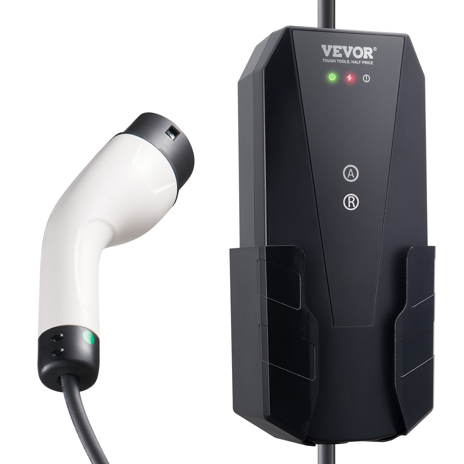Start2Finish VEVOR Level 1+2 portable EV charger with 28-foot cable, NEMA plugs, for SAE J1772 electric vehicles at home.