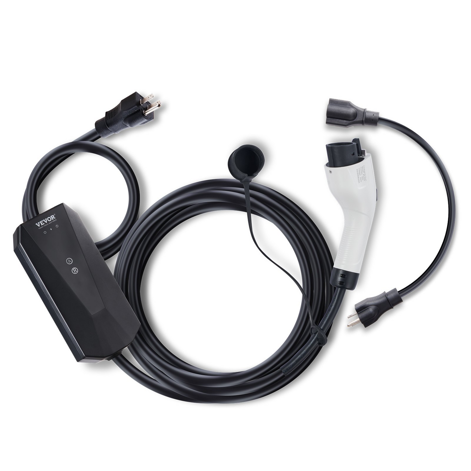 Start2Finish VEVOR Level 1+2 portable EV charger with 28-foot cable, NEMA plugs, for SAE J1772 electric vehicles at home.