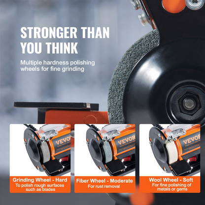 Start2Finish VEVOR jewelry polisher with wool, abrasive, and grinding wheels, bench grinder polishing machine with tools.