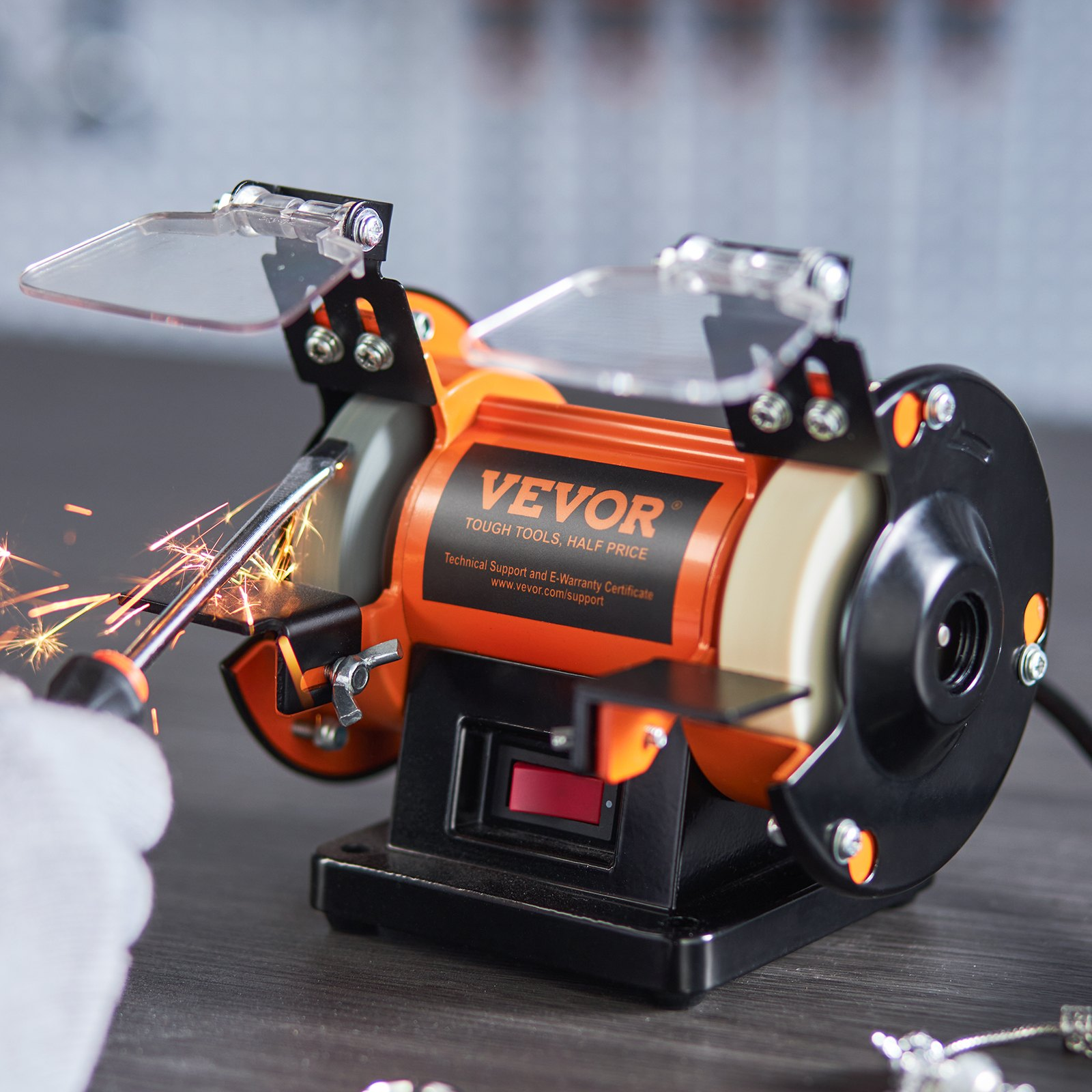 Start2Finish VEVOR jewelry polisher bench grinder with wool, abrasive, grinding wheels, and tools for jewelry polishing and buffing.