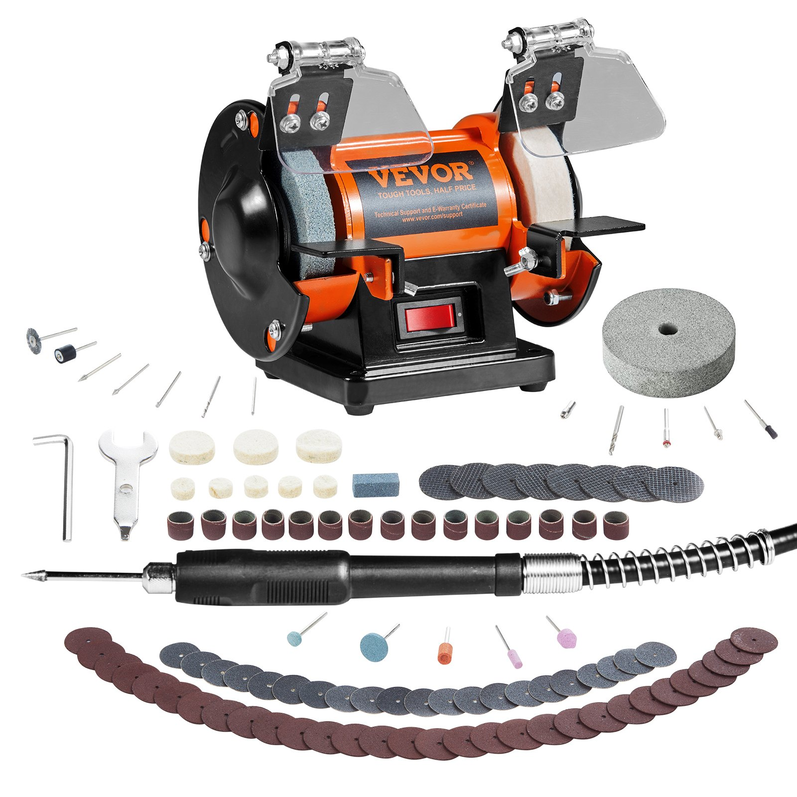 Start2Finish VEVOR Jewelry Polisher bench grinder with wool, abrasive, and grinding wheels, plus tools for polishing and buffing jewelry.